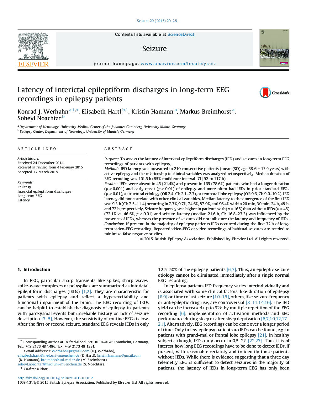 Latency of interictal epileptiform discharges in long-term EEG recordings in epilepsy patients