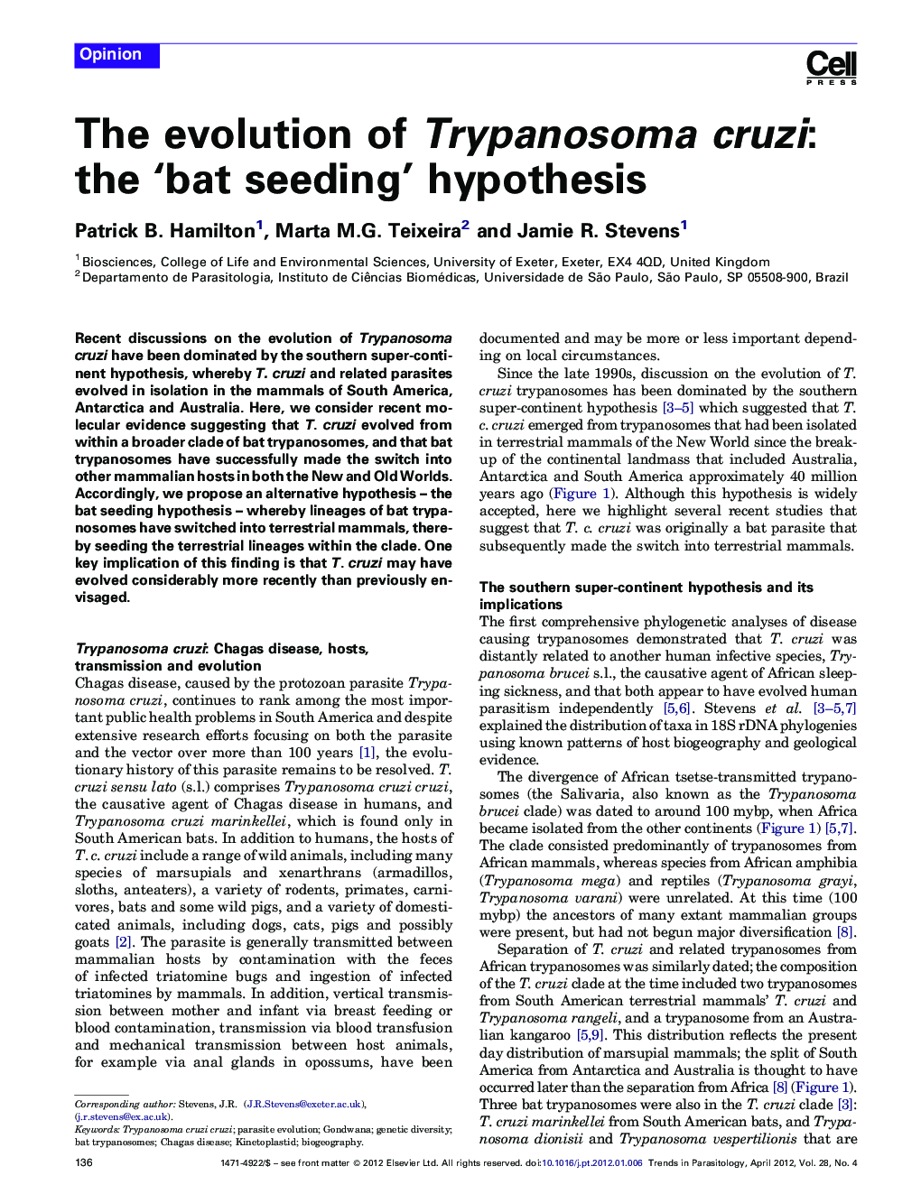 The evolution of Trypanosoma cruzi: the ‘bat seeding’ hypothesis