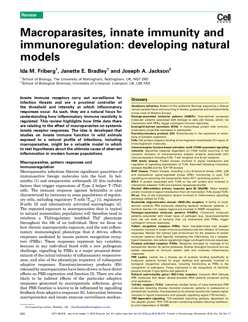 Macroparasites, innate immunity and immunoregulation: developing natural models