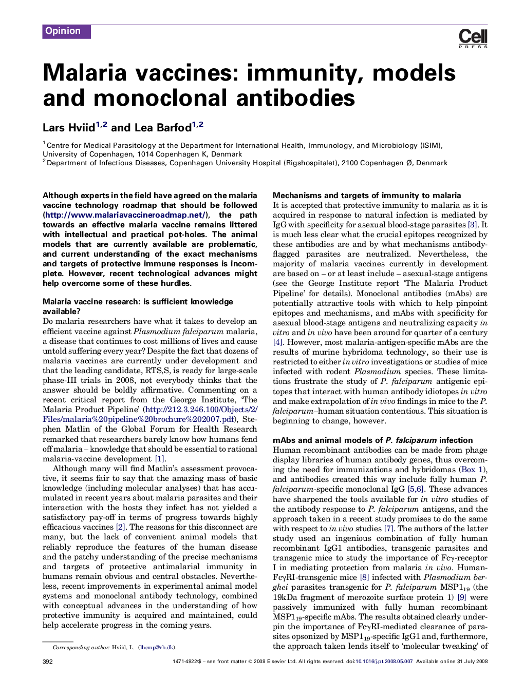 Malaria vaccines: immunity, models and monoclonal antibodies