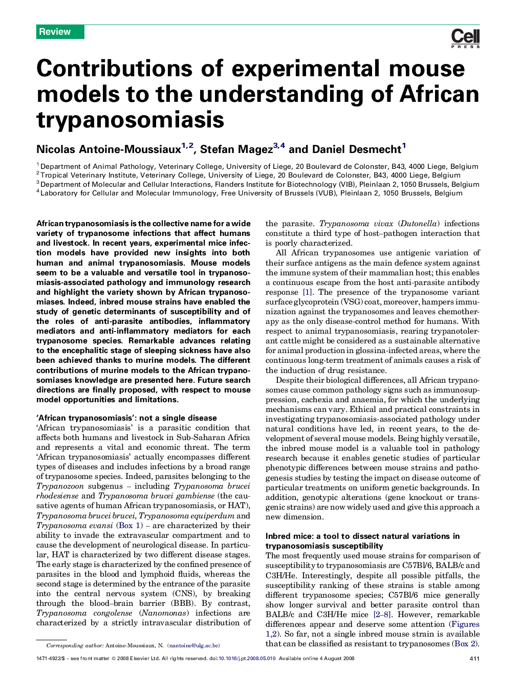 Contributions of experimental mouse models to the understanding of African trypanosomiasis