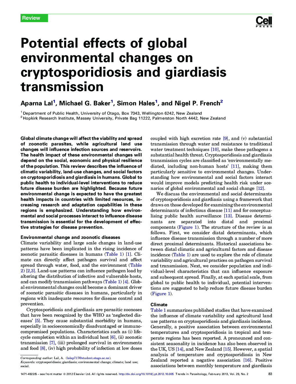 Potential effects of global environmental changes on cryptosporidiosis and giardiasis transmission