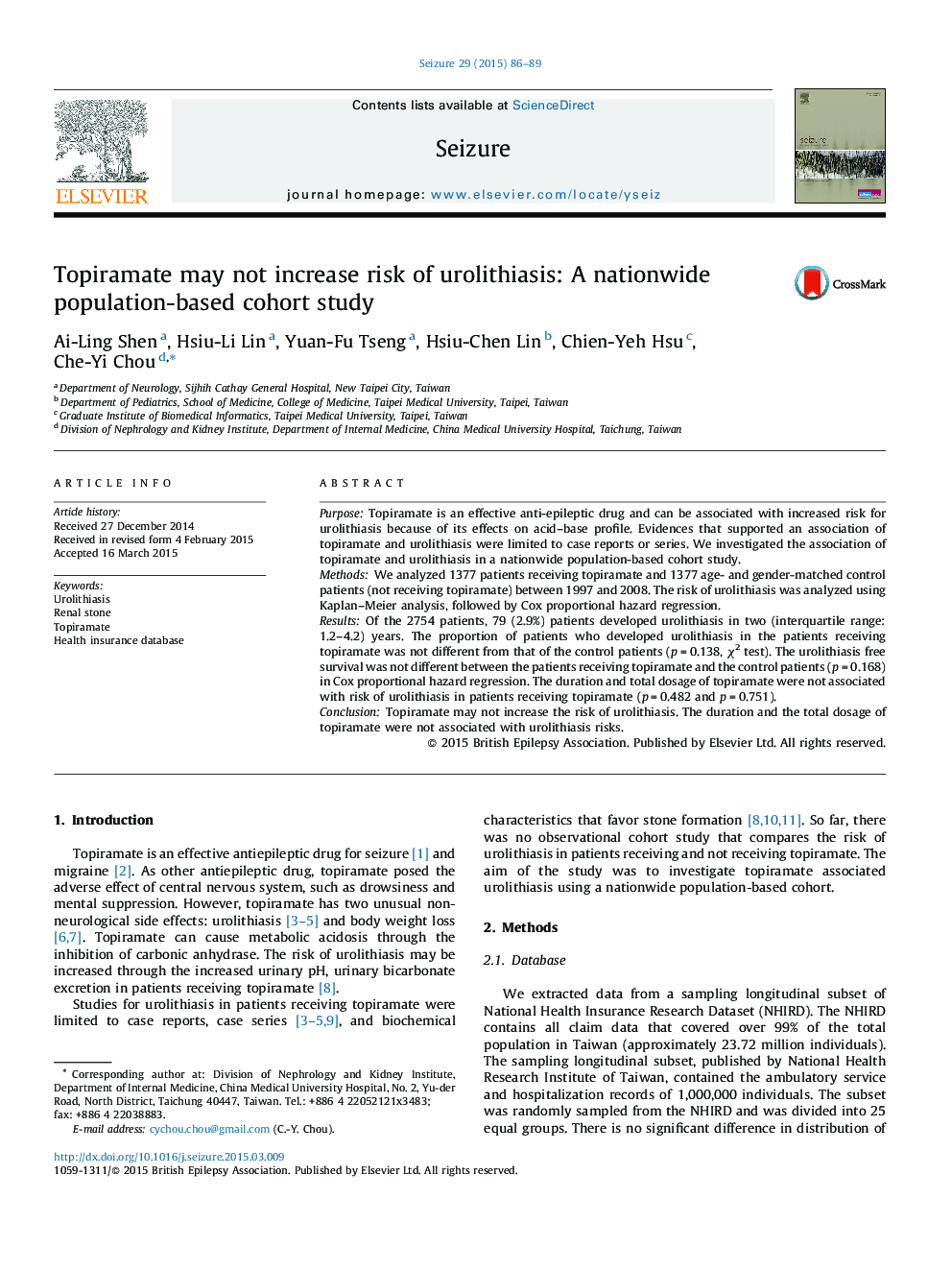 Topiramate may not increase risk of urolithiasis: A nationwide population-based cohort study