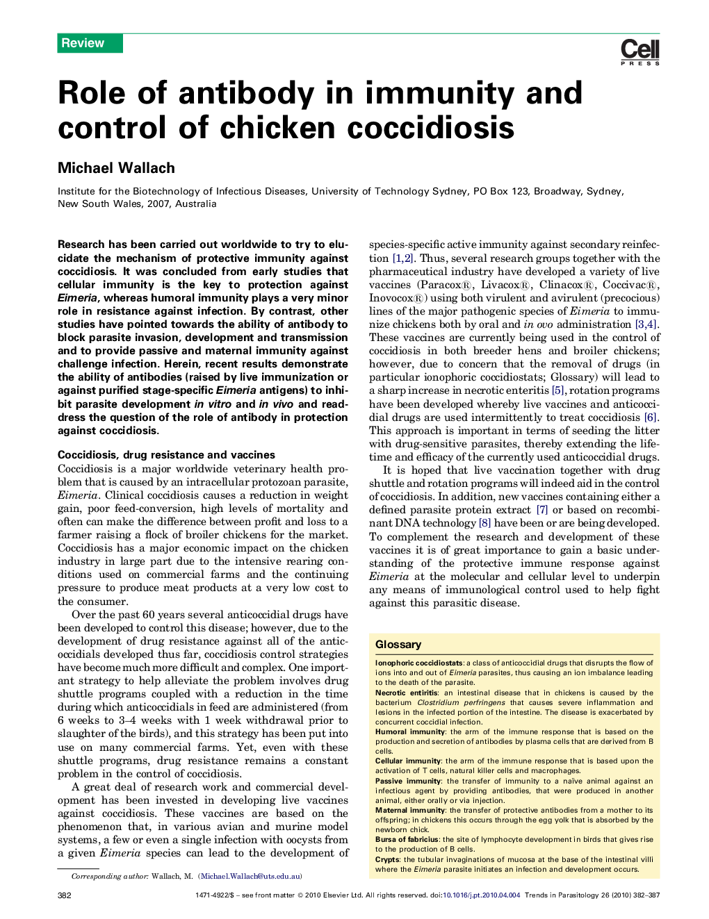 Role of antibody in immunity and control of chicken coccidiosis