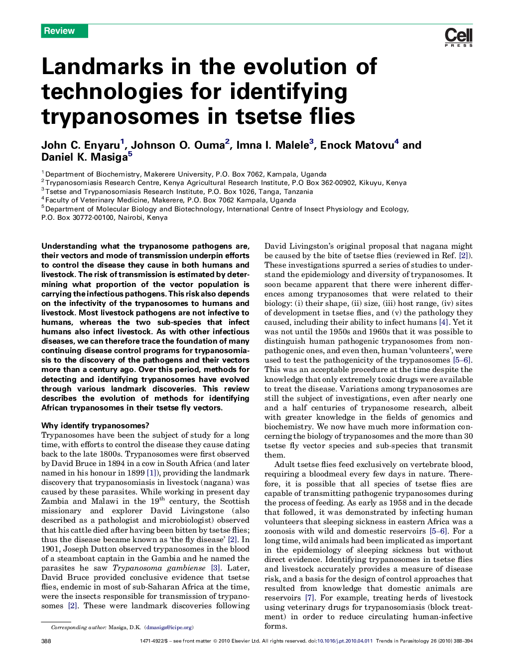 Landmarks in the evolution of technologies for identifying trypanosomes in tsetse flies