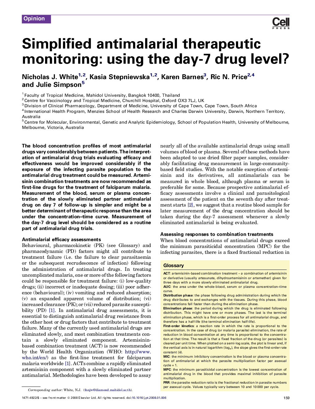 Simplified antimalarial therapeutic monitoring: using the day-7 drug level?