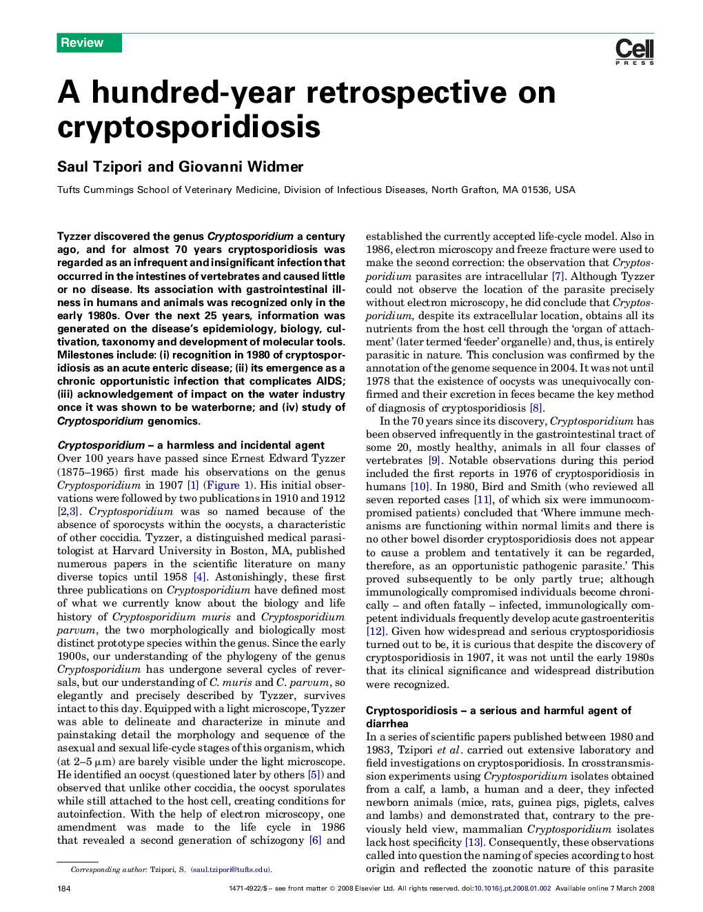 A hundred-year retrospective on cryptosporidiosis
