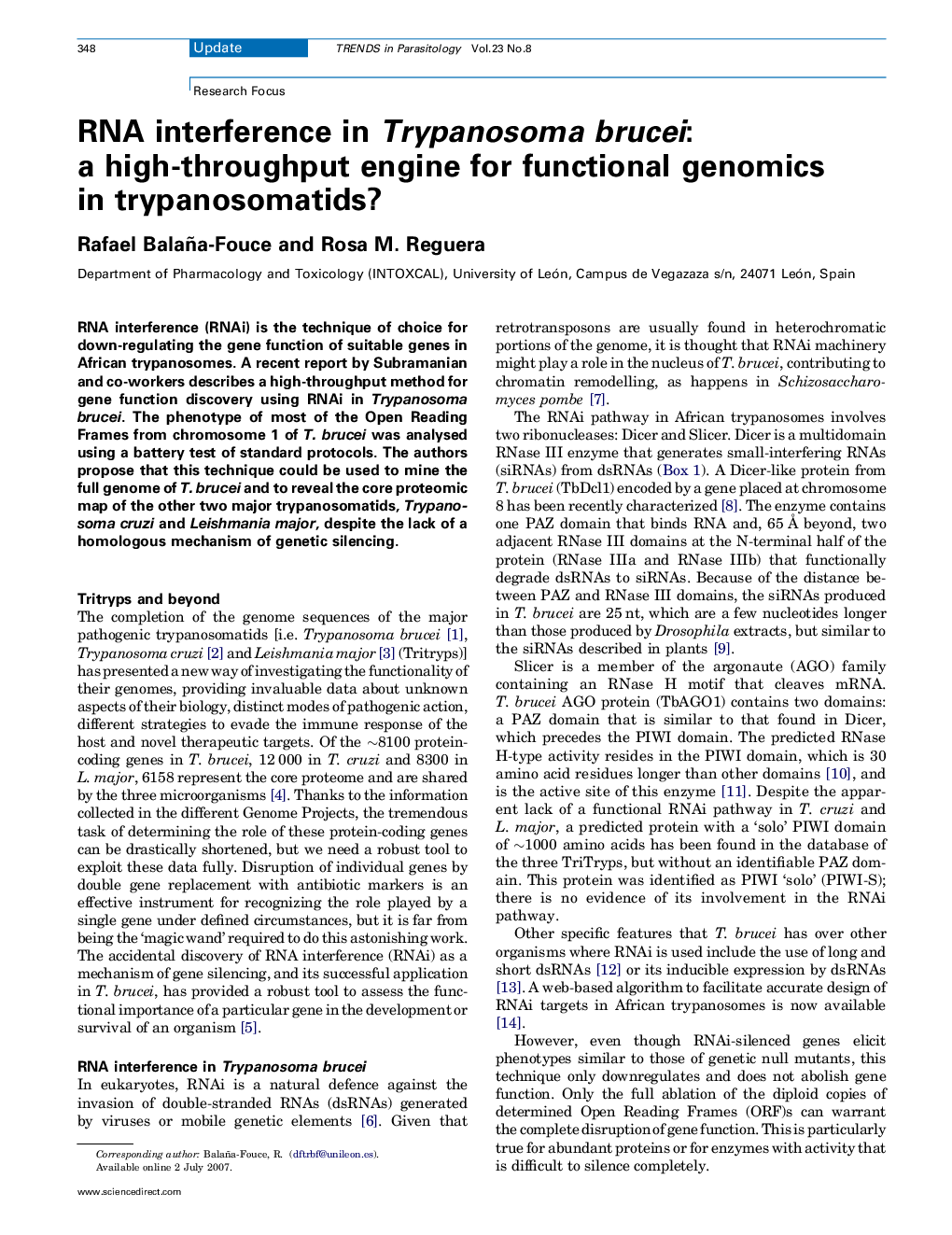 RNA interference in Trypanosoma brucei: a high-throughput engine for functional genomics in trypanosomatids?