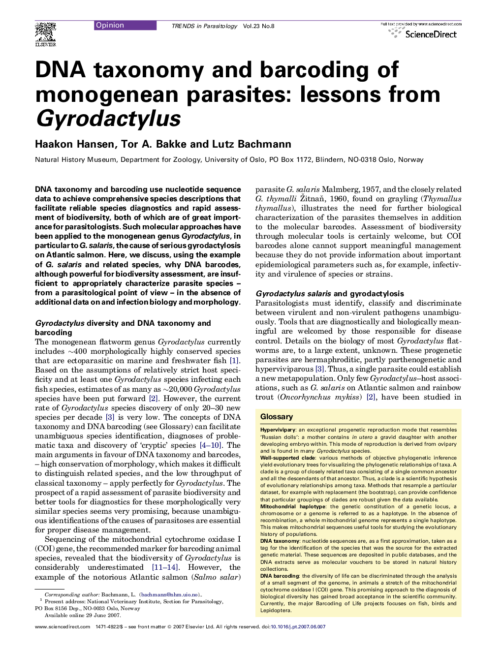 DNA taxonomy and barcoding of monogenean parasites: lessons from Gyrodactylus