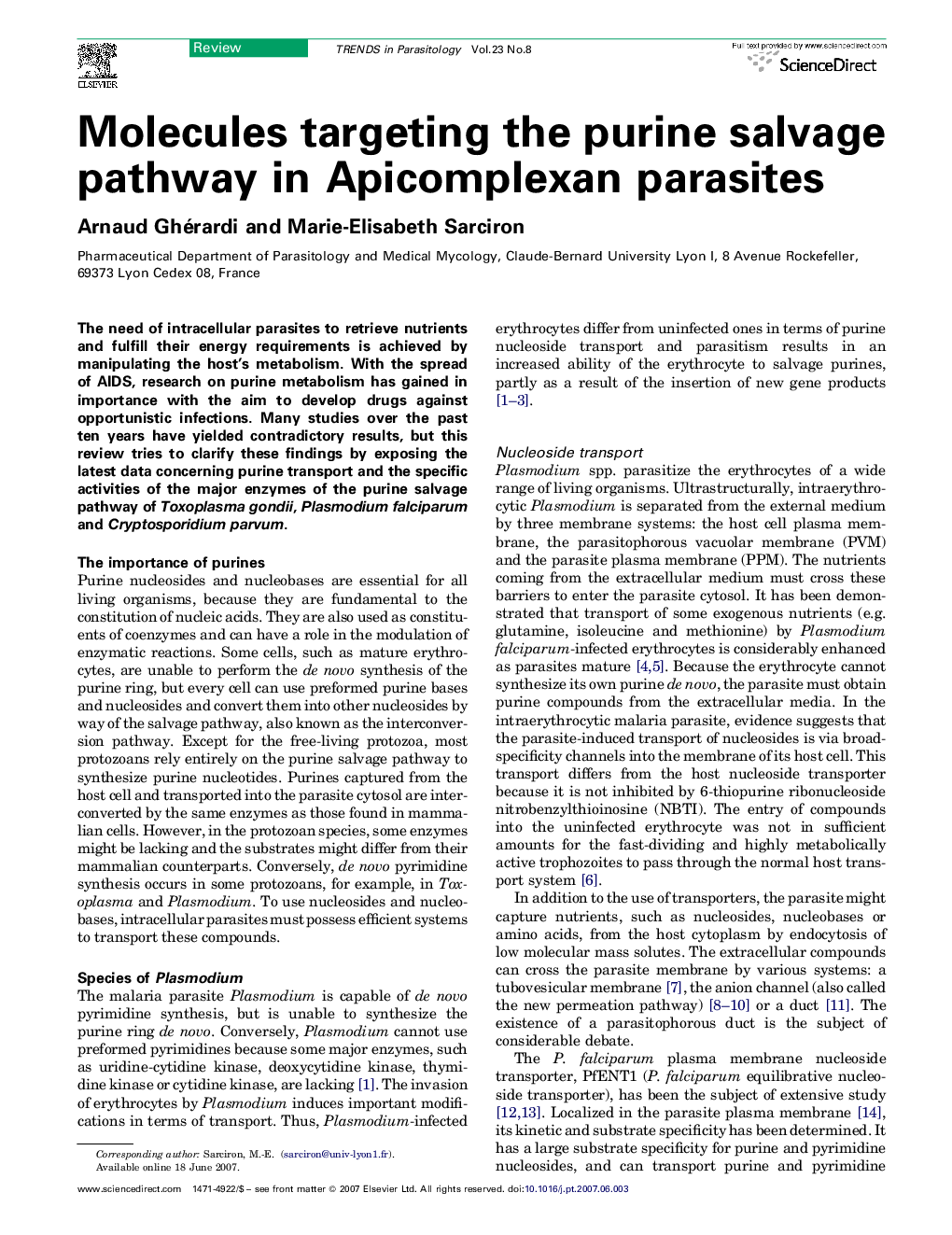 Molecules targeting the purine salvage pathway in Apicomplexan parasites