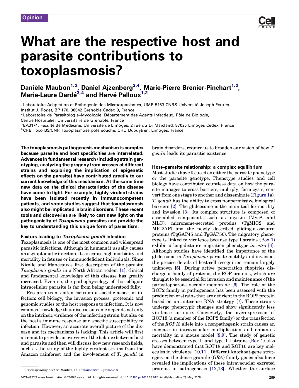 What are the respective host and parasite contributions to toxoplasmosis?