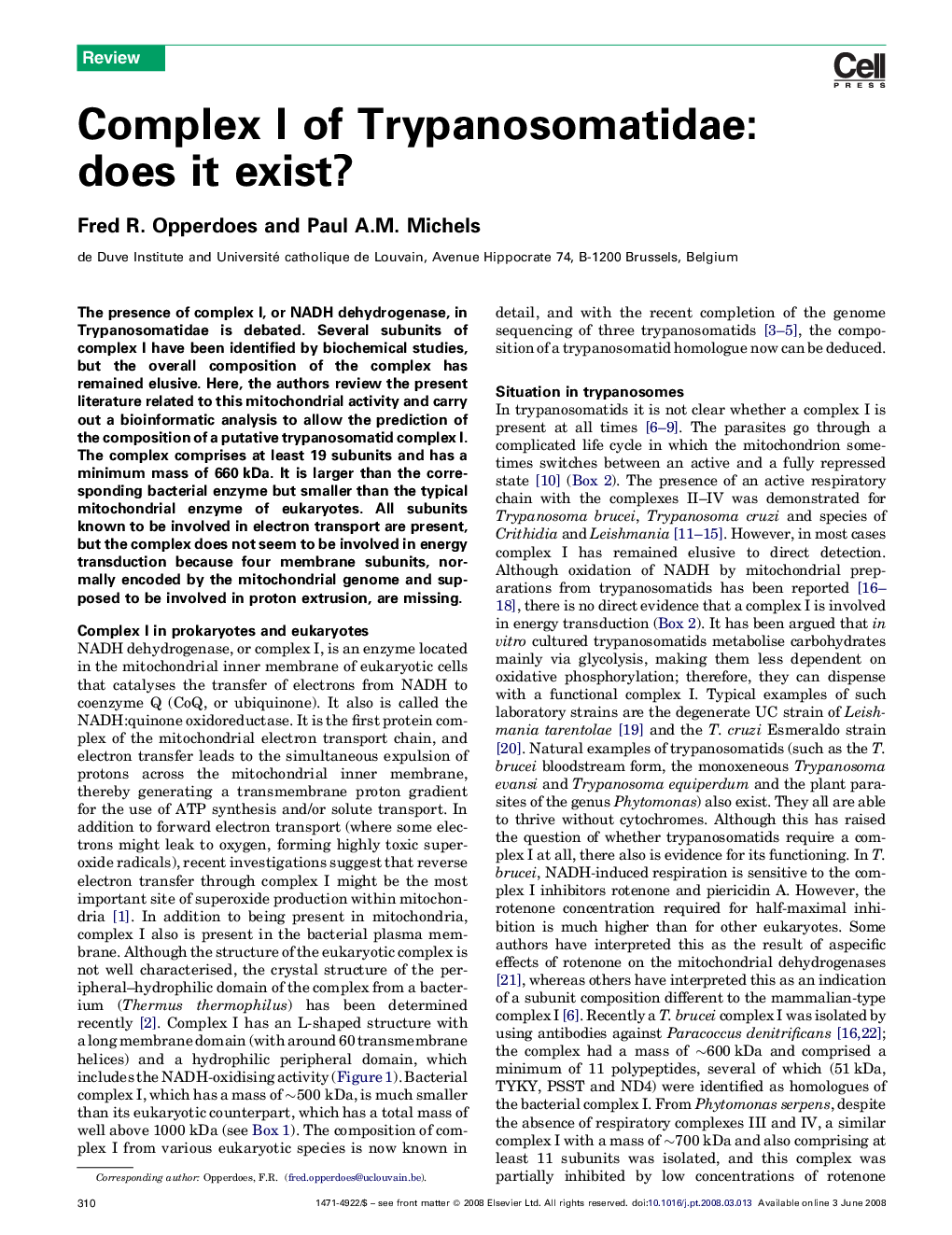 عکس صفحه اول مقاله: Complex I of Trypanosomatidae: does it exist? Complex I of Trypanosomatidae: does it exist?