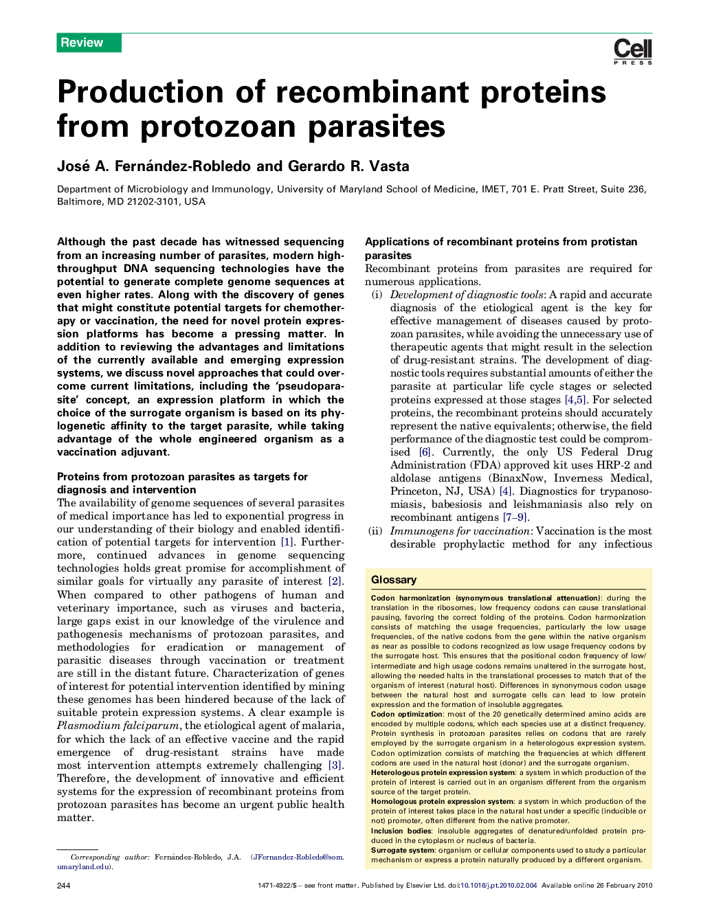 Production of recombinant proteins from protozoan parasites