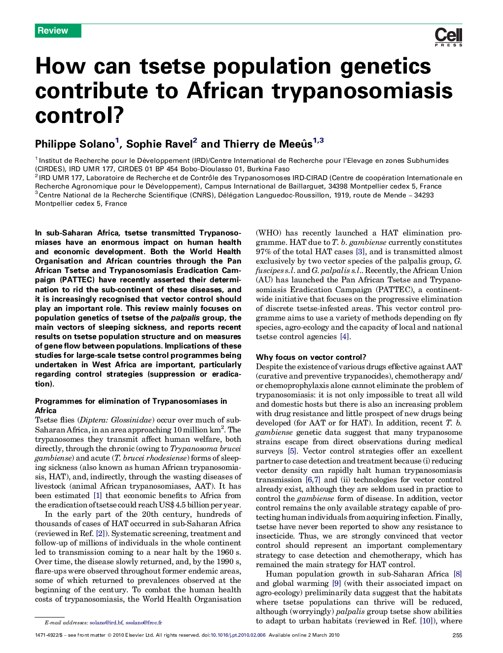 How can tsetse population genetics contribute to African trypanosomiasis control?