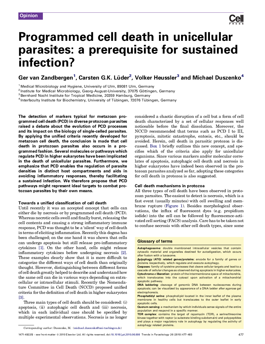 Programmed cell death in unicellular parasites: a prerequisite for sustained infection?