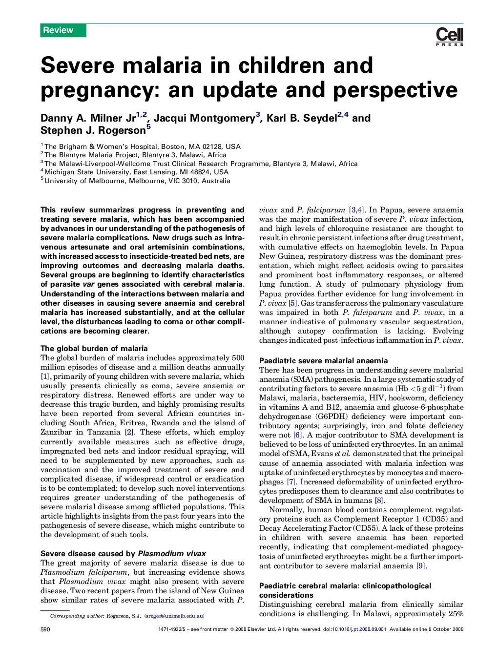 Severe malaria in children and pregnancy: an update and perspective