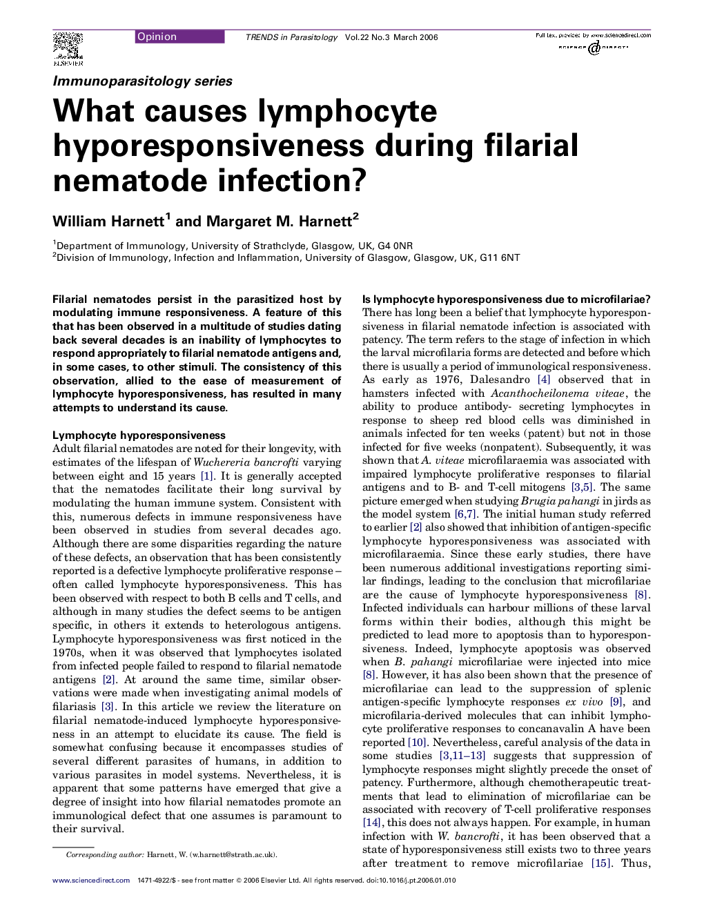 What causes lymphocyte hyporesponsiveness during filarial nematode infection?