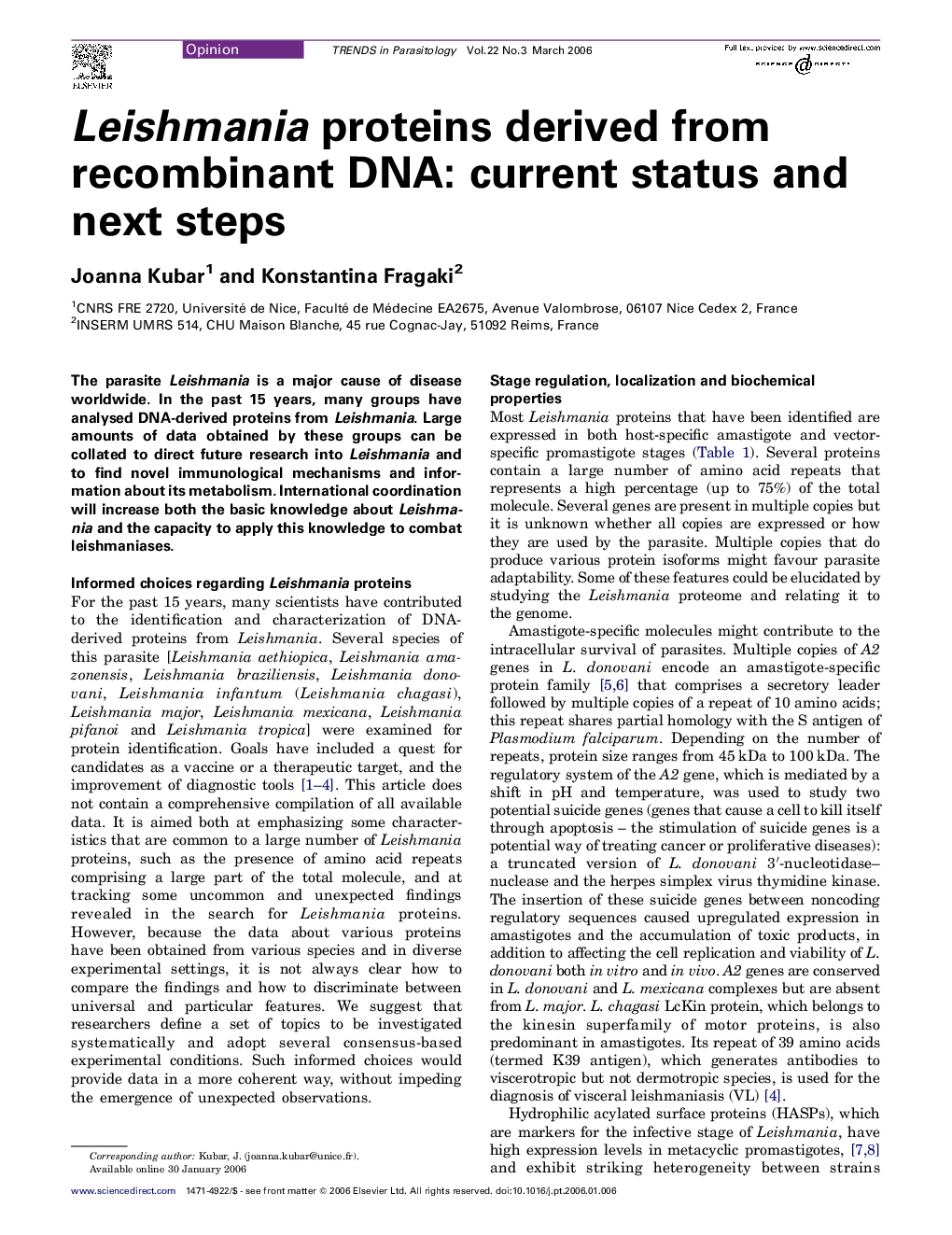 Leishmania proteins derived from recombinant DNA: current status and next steps