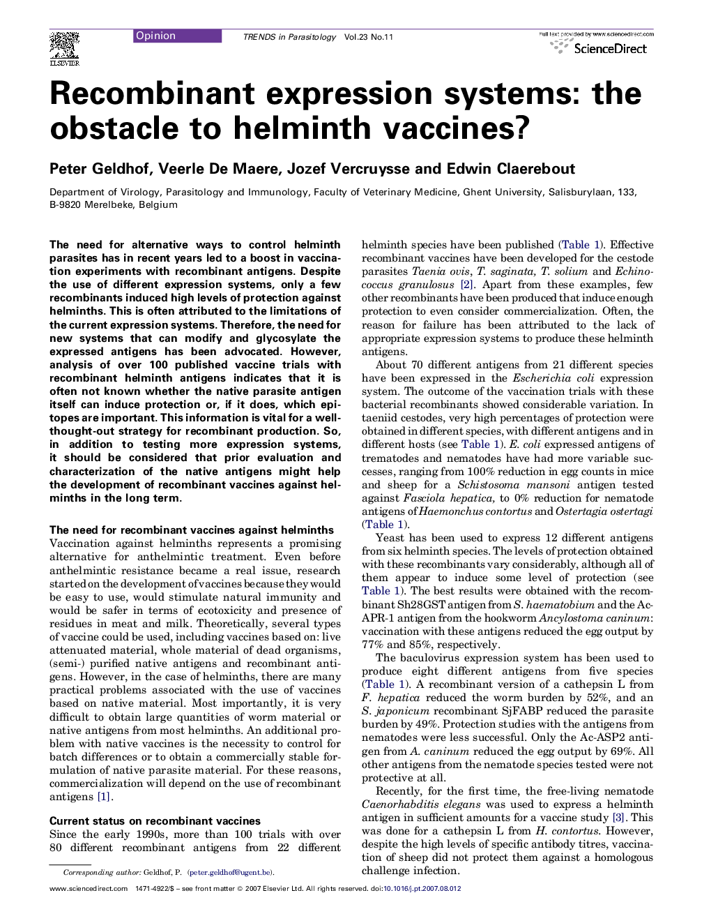 Recombinant expression systems: the obstacle to helminth vaccines?