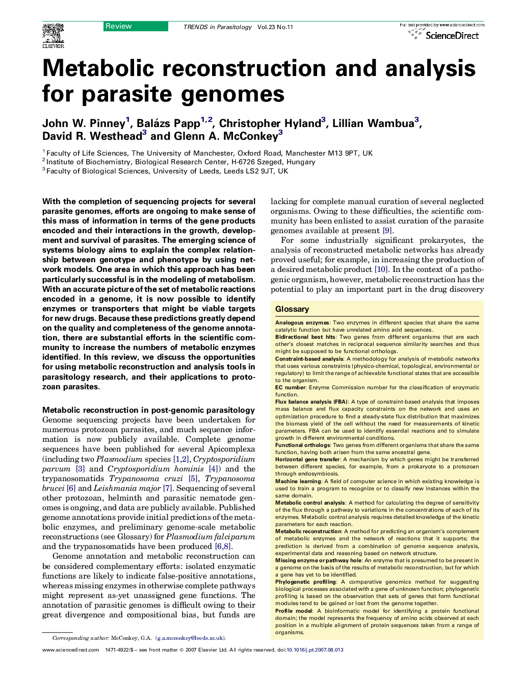 Metabolic reconstruction and analysis for parasite genomes