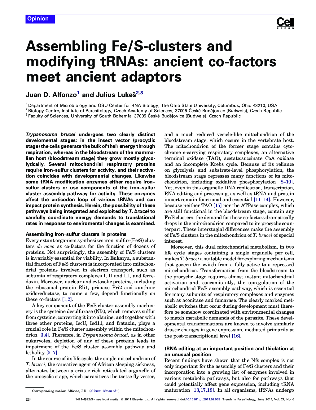 Assembling Fe/S-clusters and modifying tRNAs: ancient co-factors meet ancient adaptors