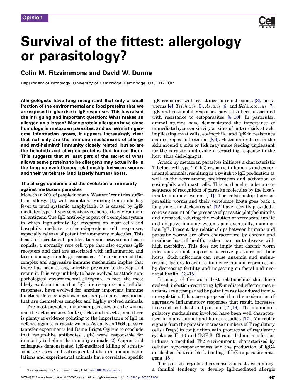 Survival of the fittest: allergology or parasitology?