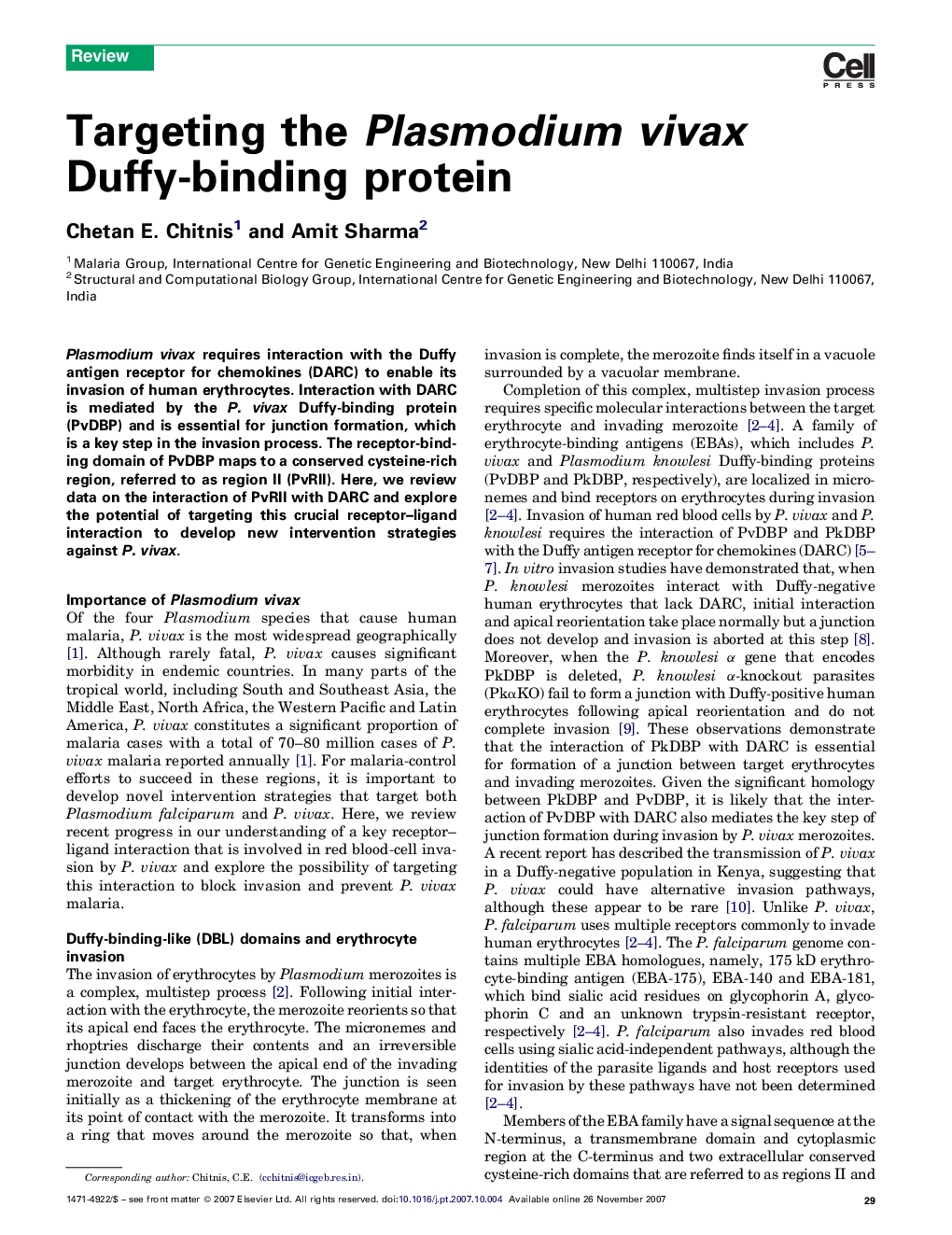 Targeting the Plasmodium vivax Duffy-binding protein