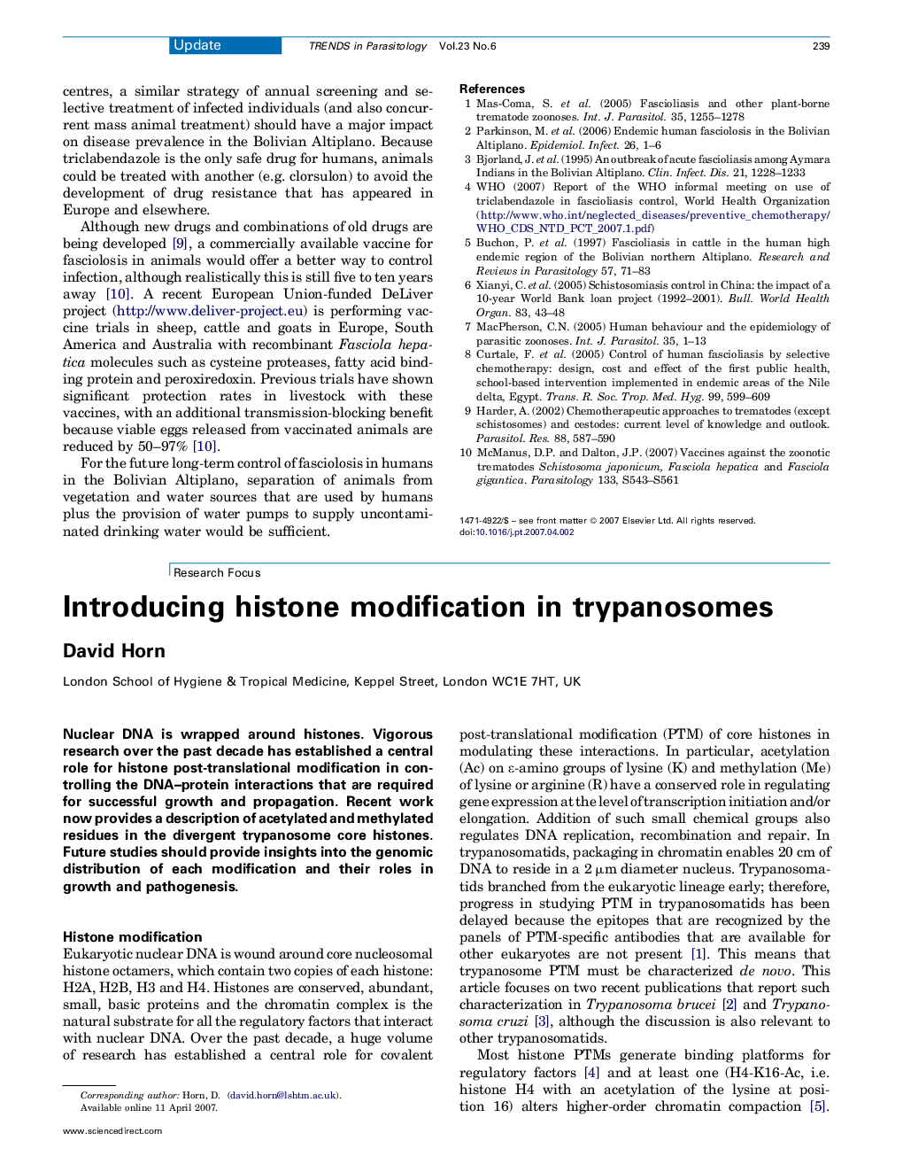 Introducing histone modification in trypanosomes