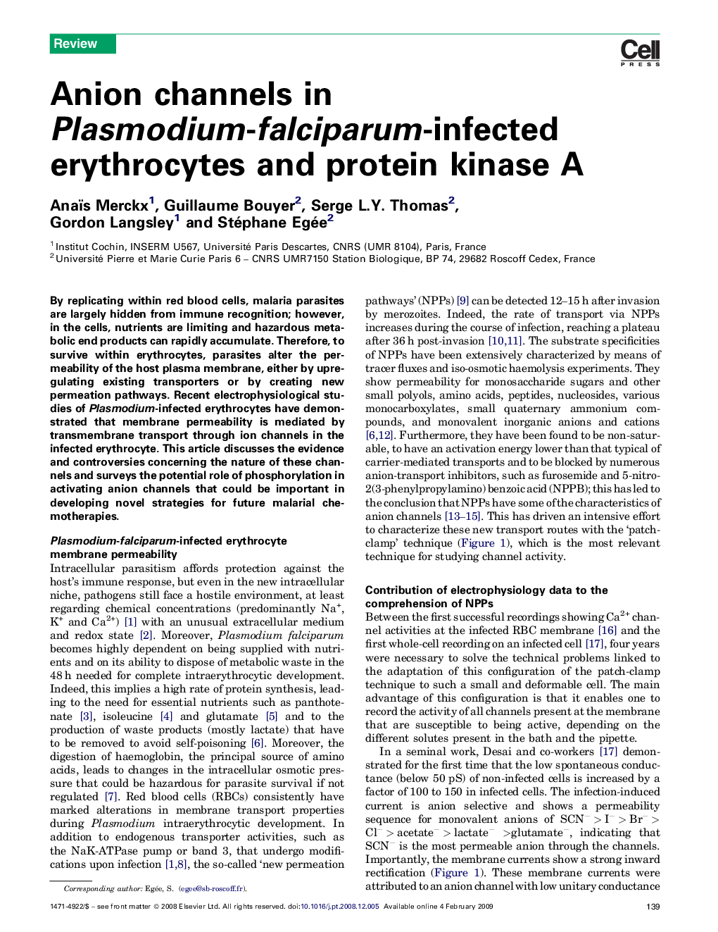 Anion channels in Plasmodium-falciparum-infected erythrocytes and protein kinase A