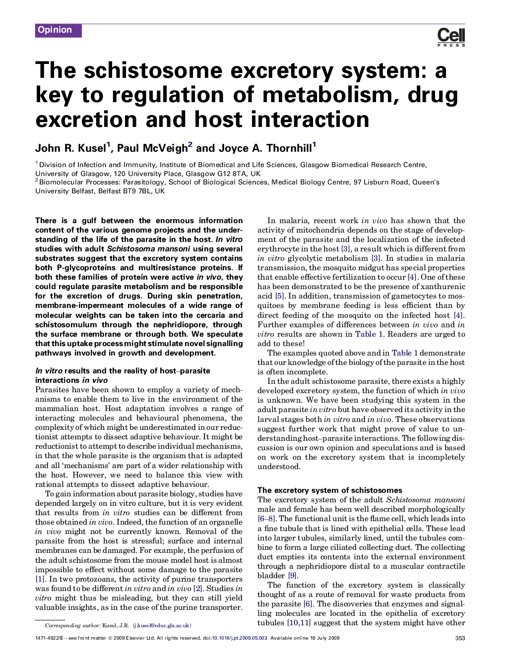 The schistosome excretory system: a key to regulation of metabolism, drug excretion and host interaction