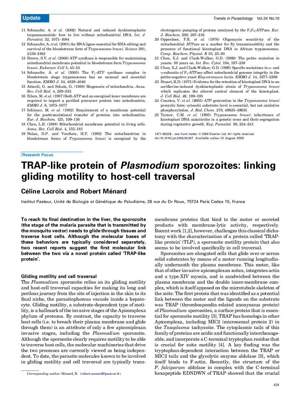 TRAP-like protein of Plasmodium sporozoites: linking gliding motility to host-cell traversal