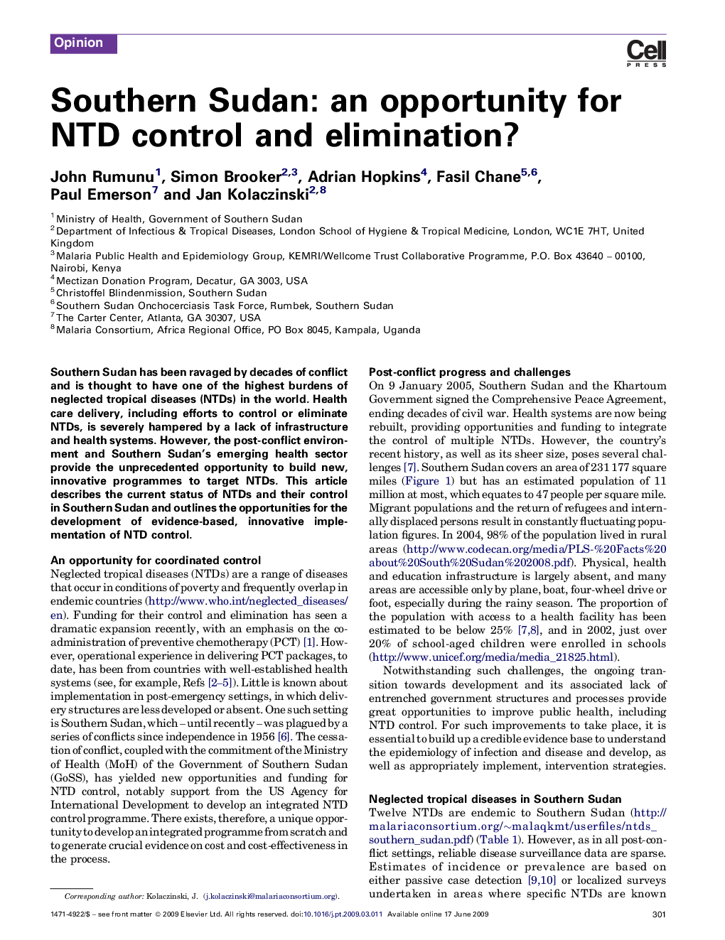 Southern Sudan: an opportunity for NTD control and elimination?