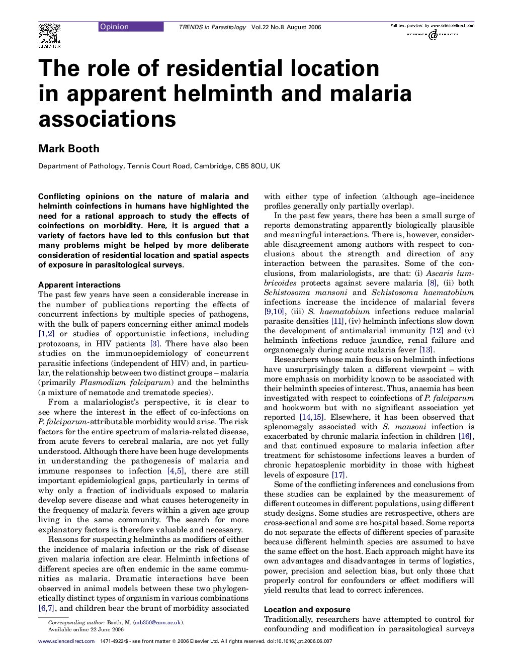 The role of residential location in apparent helminth and malaria associations