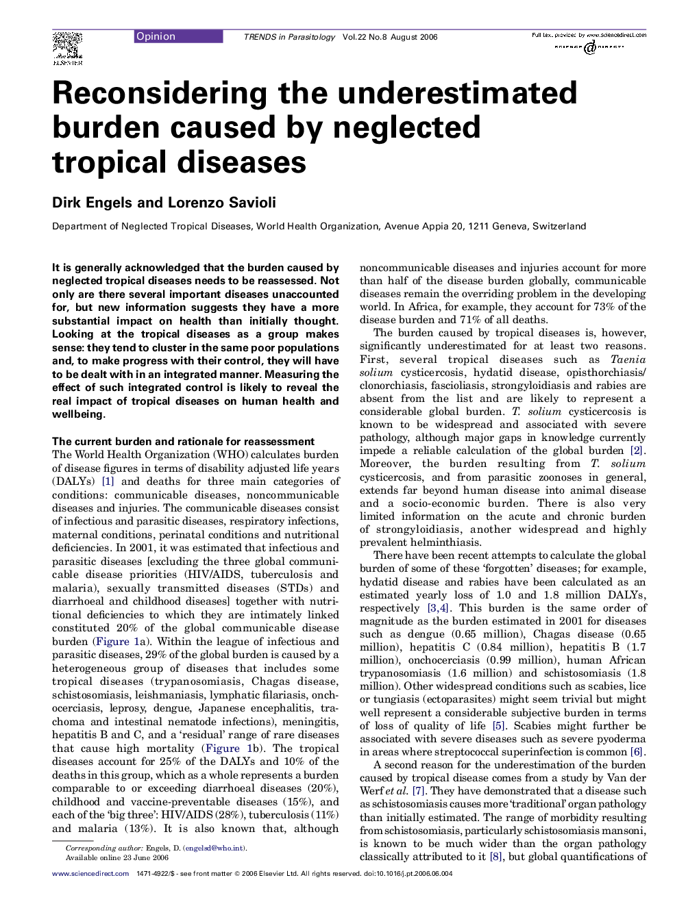 Reconsidering the underestimated burden caused by neglected tropical diseases