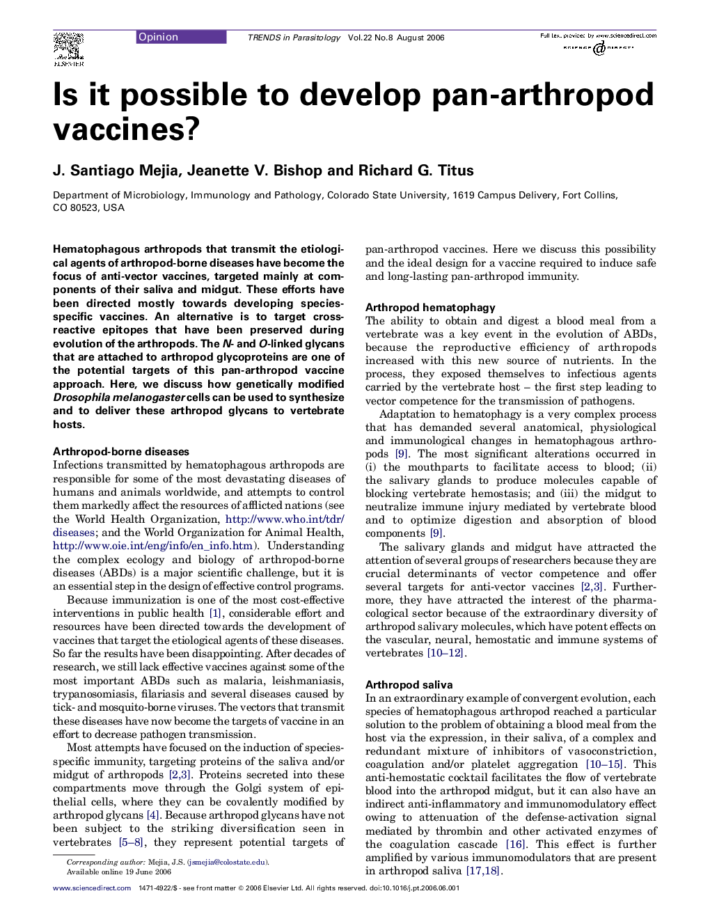 Is it possible to develop pan-arthropod vaccines?