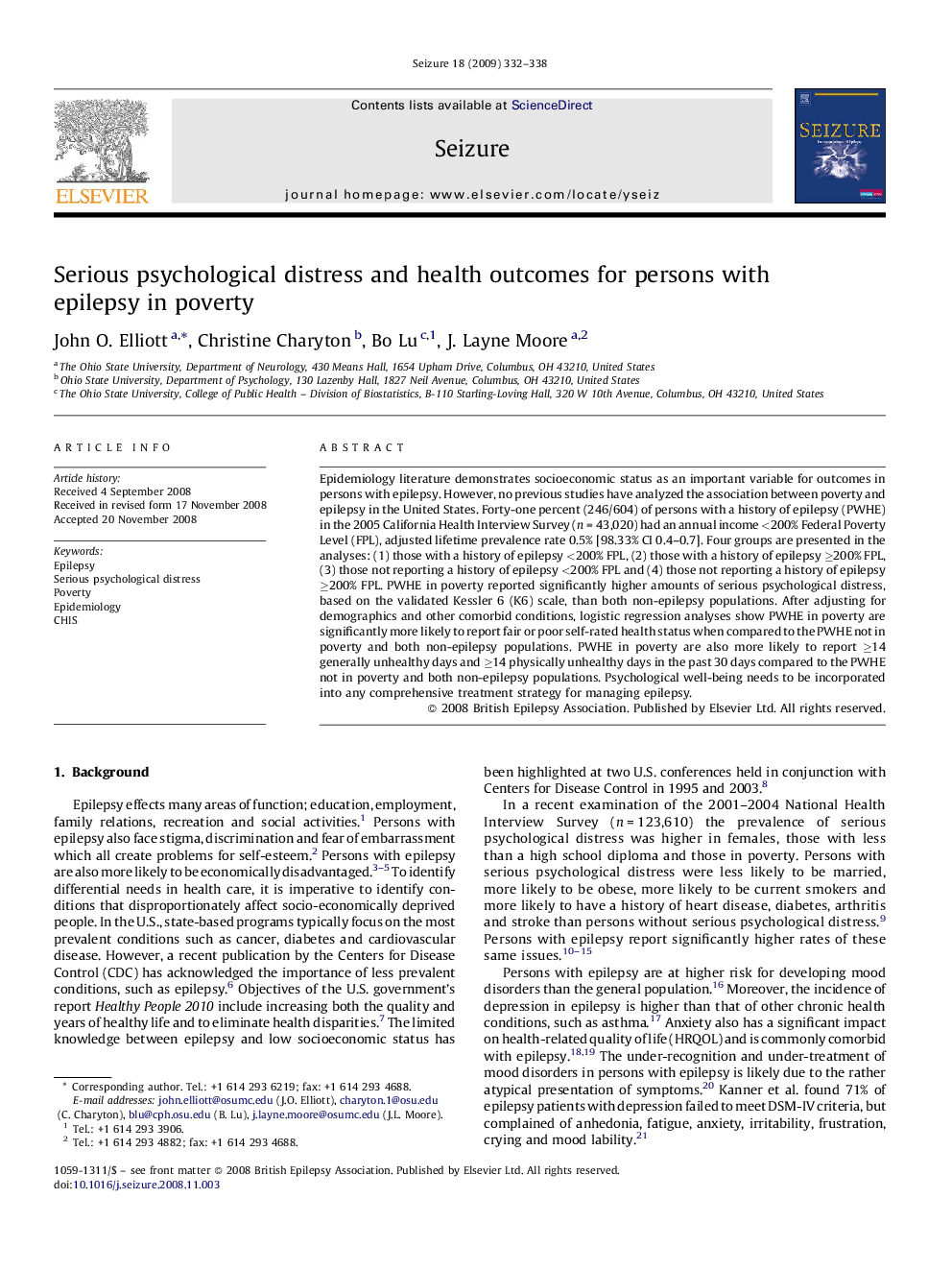 Serious psychological distress and health outcomes for persons with epilepsy in poverty