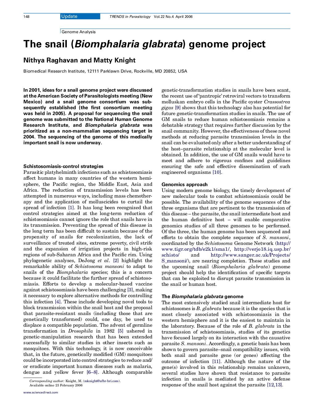 The snail (Biomphalaria glabrata) genome project