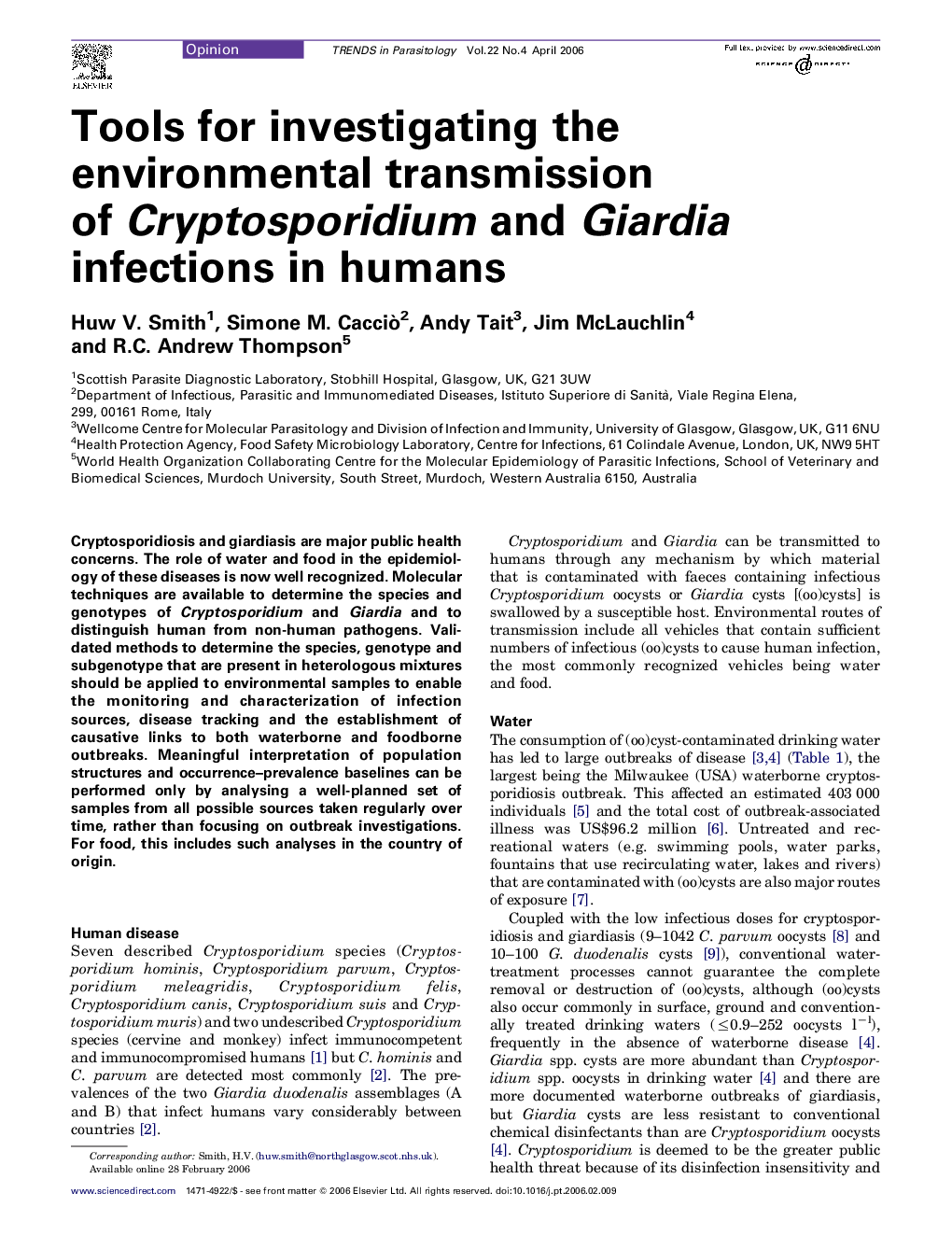 Tools for investigating the environmental transmission of Cryptosporidium and Giardia infections in humans