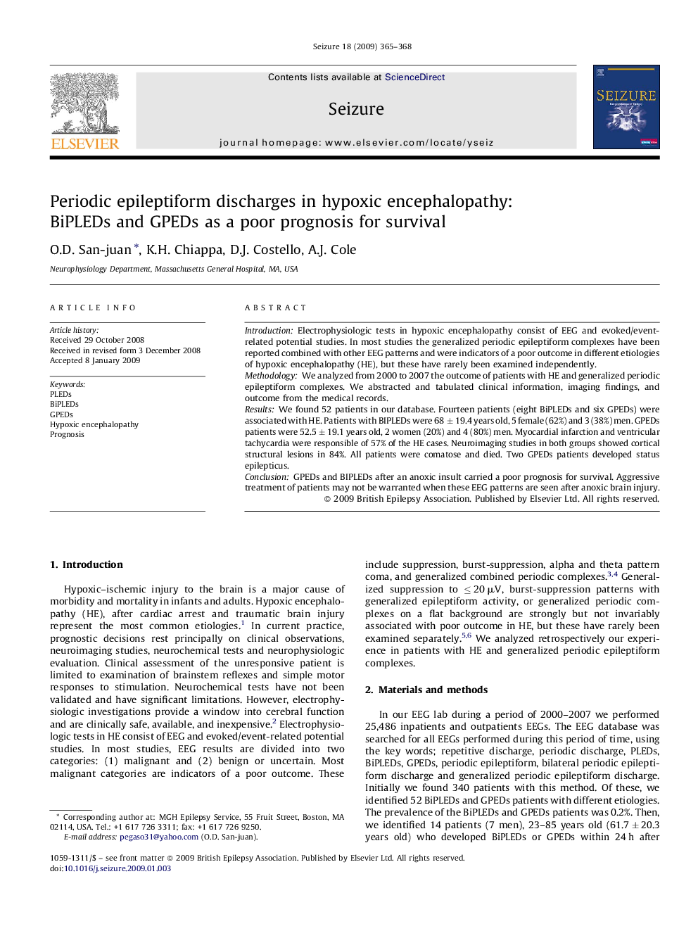 Periodic epileptiform discharges in hypoxic encephalopathy: BiPLEDs and GPEDs as a poor prognosis for survival