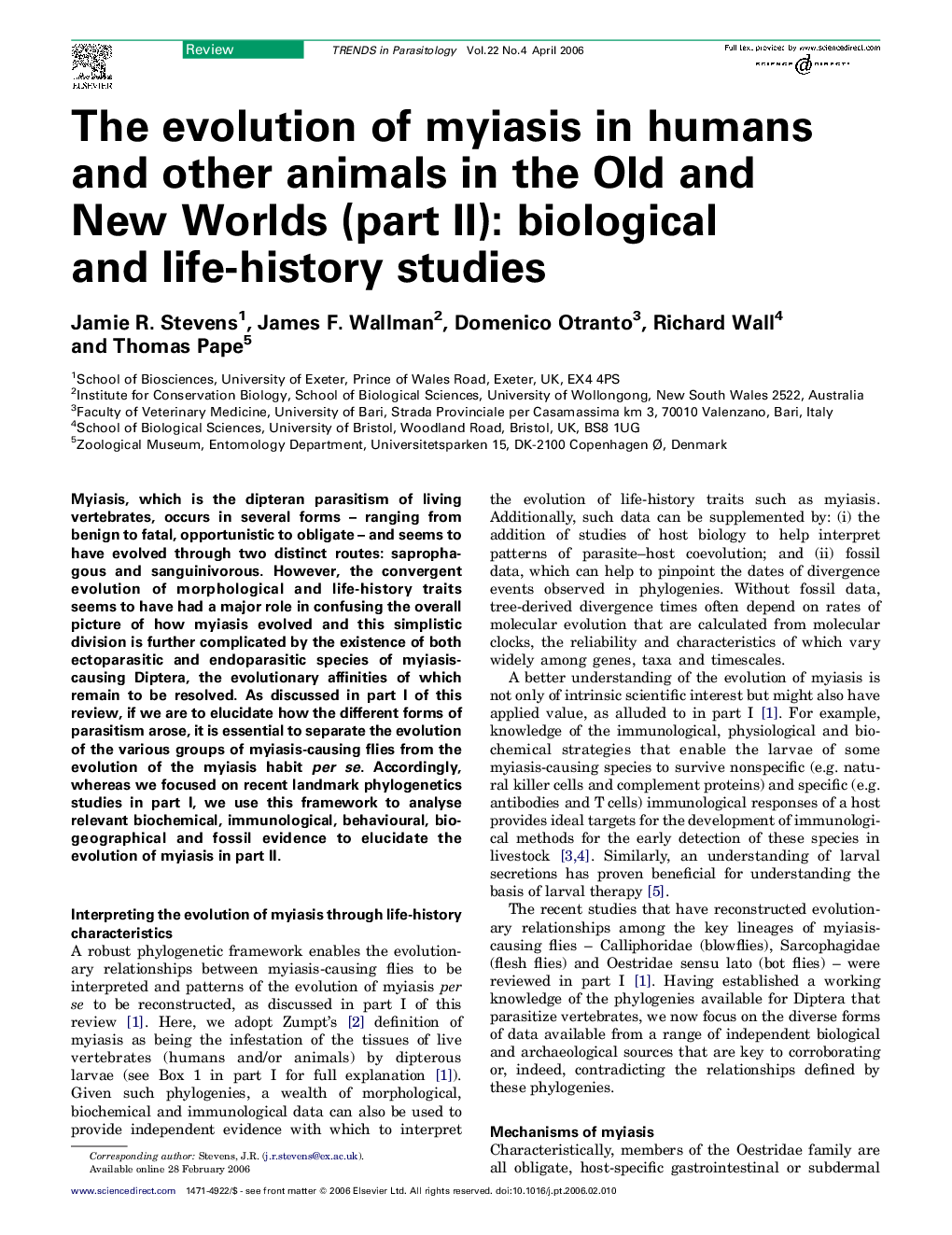 The evolution of myiasis in humans and other animals in the Old and New Worlds (part II): biological and life-history studies