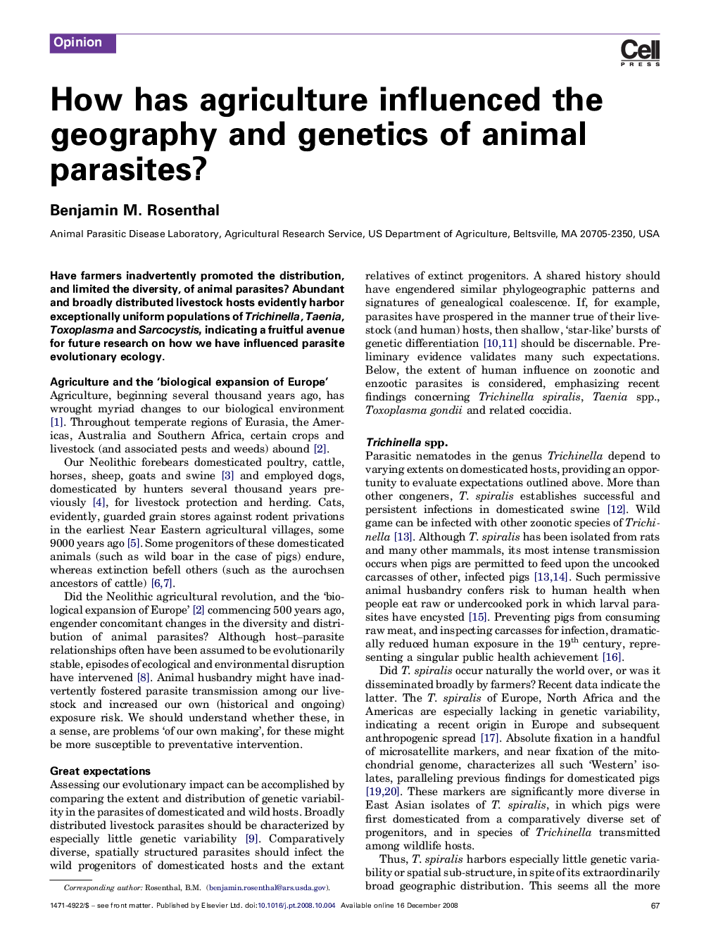 How has agriculture influenced the geography and genetics of animal parasites?