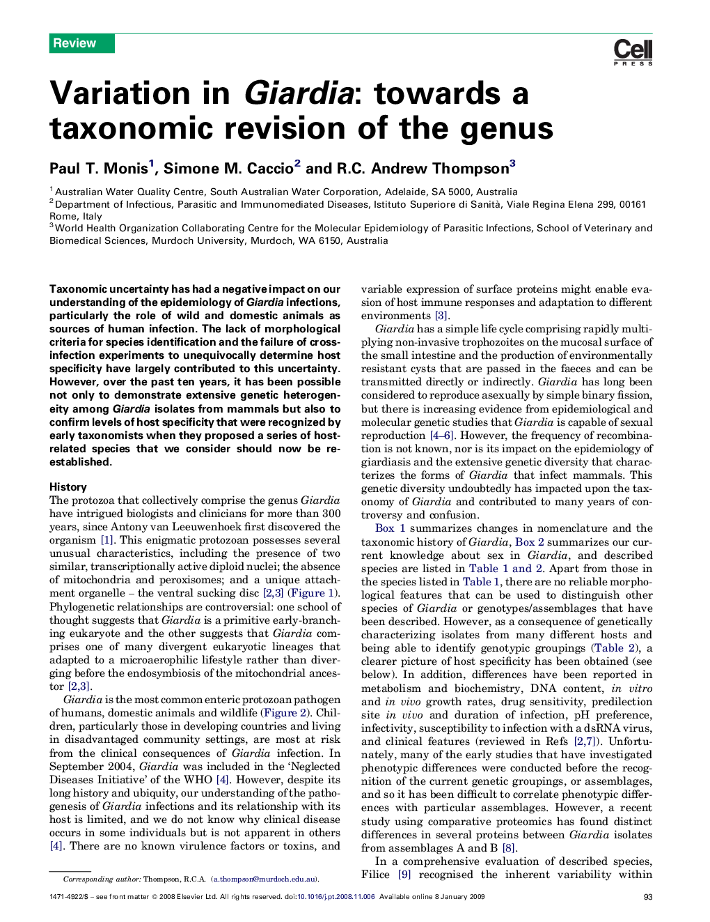 Variation in Giardia: towards a taxonomic revision of the genus