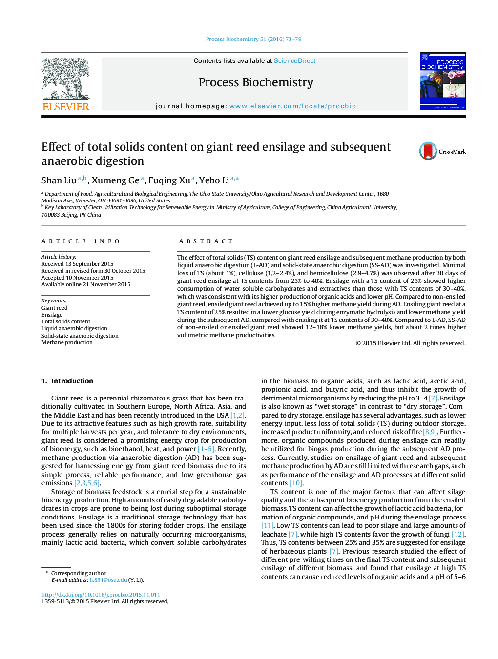 Effect of total solids content on giant reed ensilage and subsequent anaerobic digestion