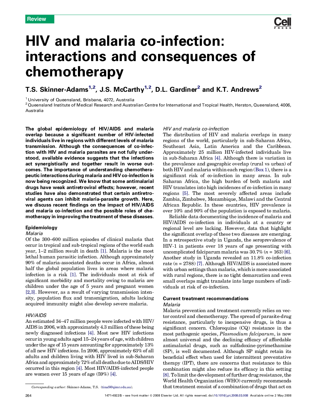 HIV and malaria co-infection: interactions and consequences of chemotherapy