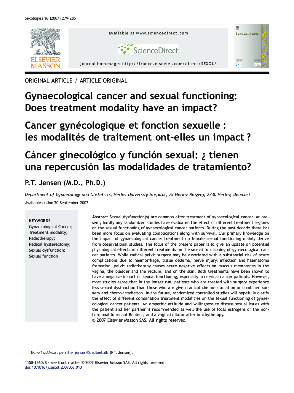 Gynaecological cancer and sexual functioning: Does treatment modality have an impact?