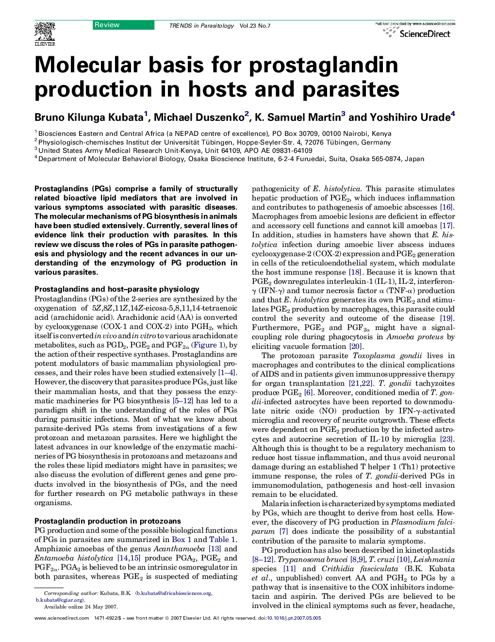 Molecular basis for prostaglandin production in hosts and parasites