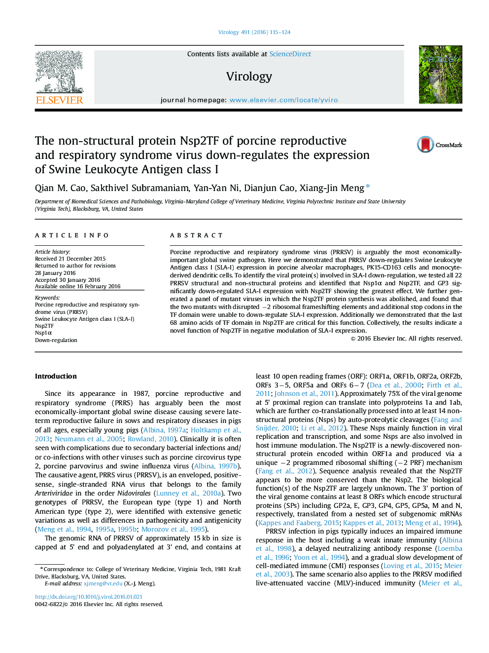 The non-structural protein Nsp2TF of porcine reproductive and respiratory syndrome virus down-regulates the expression of Swine Leukocyte Antigen class I