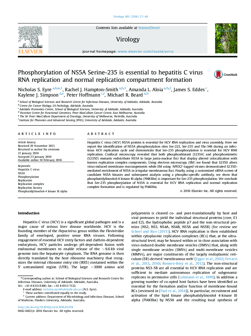 Phosphorylation of NS5A Serine-235 is essential to hepatitis C virus RNA replication and normal replication compartment formation