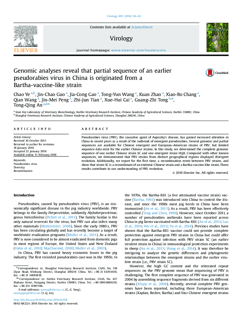 Genomic analyses reveal that partial sequence of an earlier pseudorabies virus in China is originated from a Bartha-vaccine-like strain