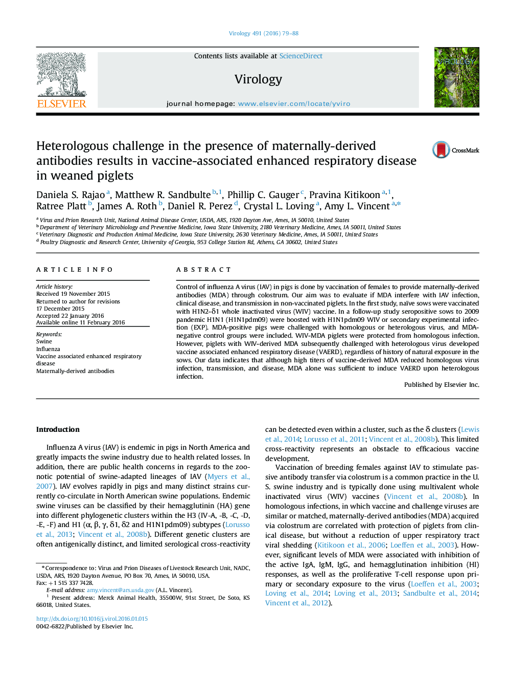 Heterologous challenge in the presence of maternally-derived antibodies results in vaccine-associated enhanced respiratory disease in weaned piglets